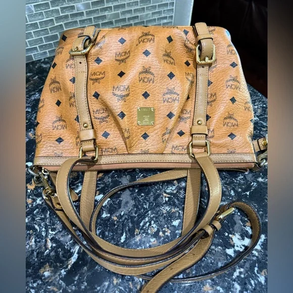 MCM Cognac Visetos Monogram Shoulder Bag with Gold Plaque - Picture 13 of 14